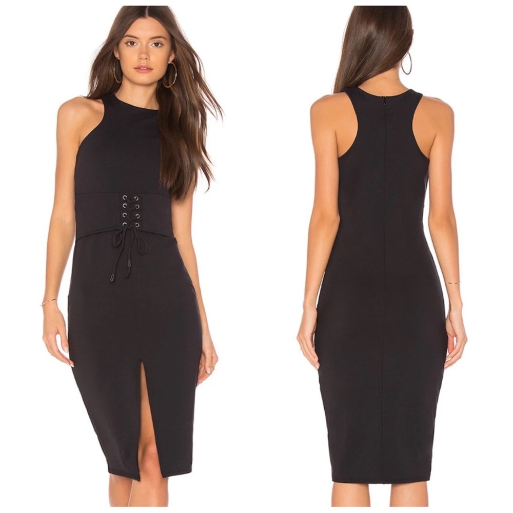 •DONNA MIZANI• Brea Sleeveless Bodycon Midi Dress Lace Up Waist in Black Size XS